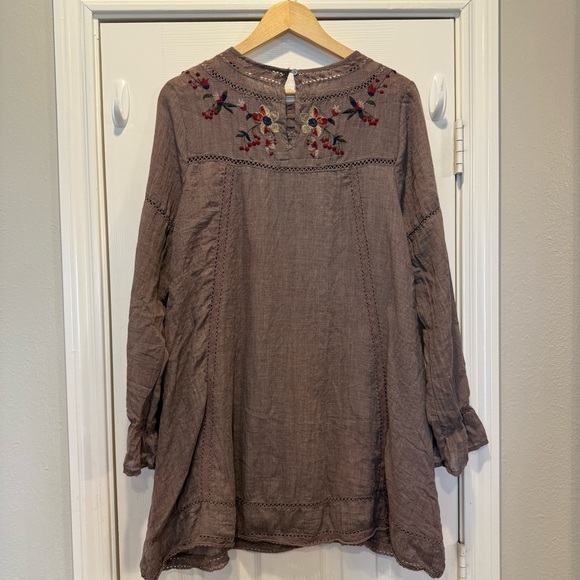 Umgee Mini Dress Women’s Med Brown Taupe Embroidered Floral Lace Crochet Boho - Picture 3 of 11